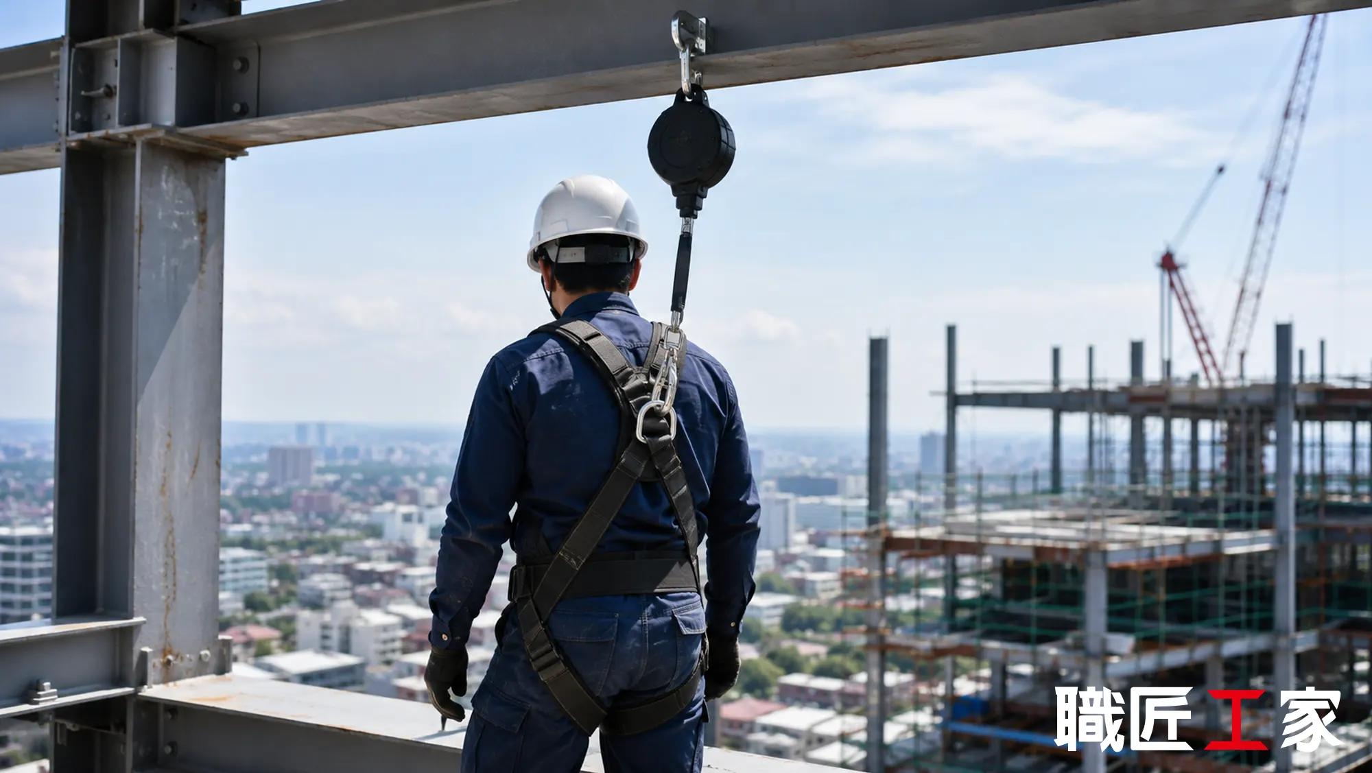 防墜器高空作業安全防護情境示意圖
